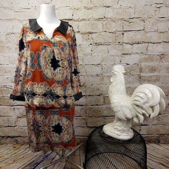 Walter Baker Cassi Paisley Mini Dress Satin Brown Leather Cuff Neutral Work XS - Picture 1 of 8